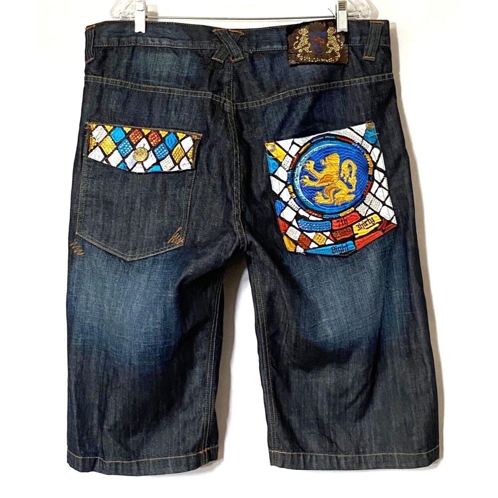 7th 38 Jean Shorts Mens Size 40 Blue Medium Wash Embroidered Gems Flaws Read